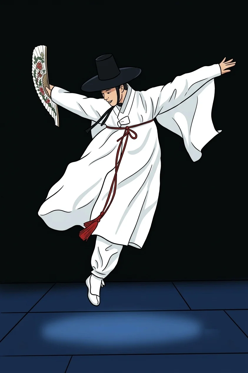 A dancer in a white hanbok and black gat, leaping with a painted fan