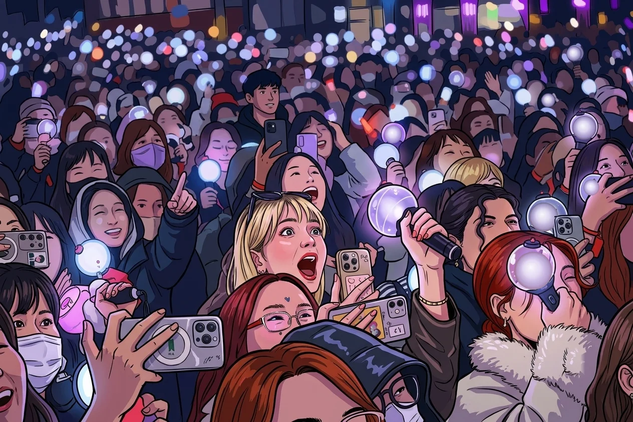 An illustrated concert crowd holding up glowing lightsticks and phones
