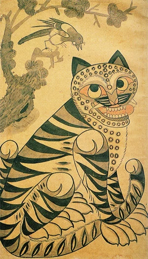 Minhwa painting of a tiger looking up at a magpie on a pine branch
